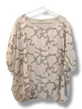 Bellambia Italian Made Blouson Burn Out Overlay Bubble-Hem Blouse